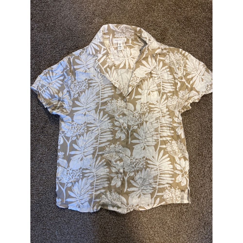 Full Tilt Button Down Shirt Womens XXS Tan White Excellent Floral Short Sleeve